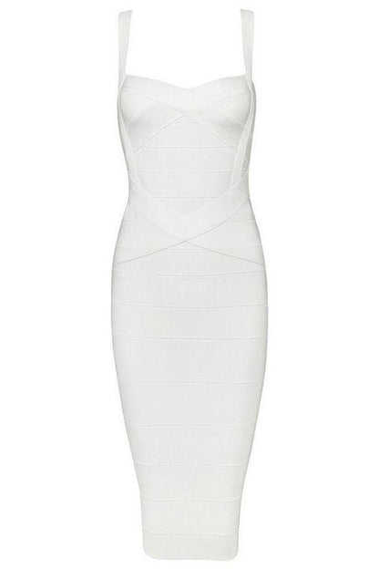 Pearl White Sweetheart Wide Strap Criss Cross Bandage Bodycon Midi Dress