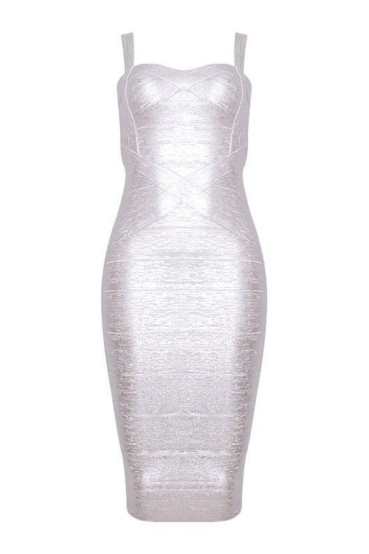 Silver Sweetheart Wide Strap Criss Cross Bandage Bodycon Midi Dress