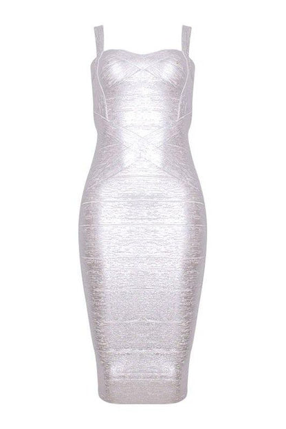 Silver Sweetheart Wide Strap Criss Cross Bandage Bodycon Midi Dress