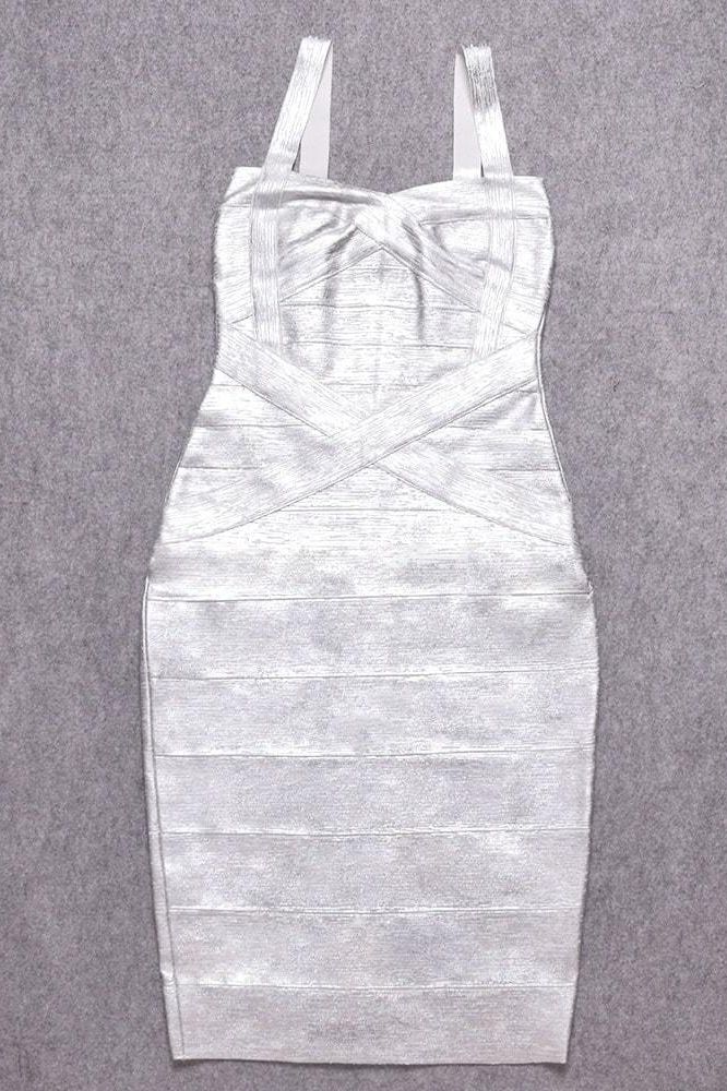 Silver Sweetheart Wide Strap Criss Cross Bandage Bodycon Midi Dress