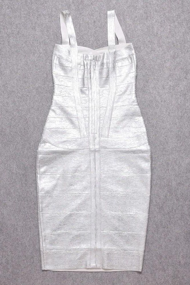 Silver Sweetheart Wide Strap Criss Cross Bandage Bodycon Midi Dress