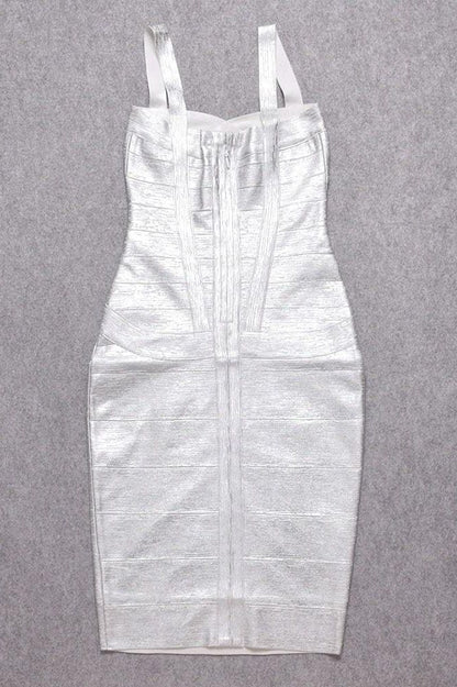 Silver Metallic Sweetheart Criss Cross Bandage Bodycon Midi Dress