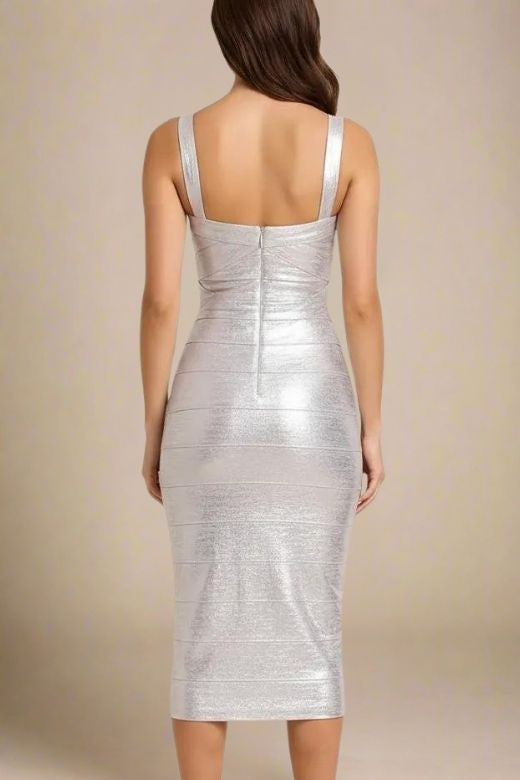 Silver Metallic Sweetheart Criss Cross Bandage Bodycon Midi Dress
