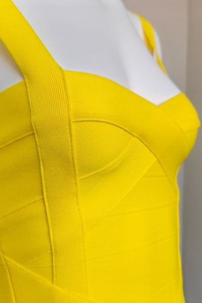 Sun Yellow Bandage Sweetheart Neck Criss Cross Bodycon Midi Dress