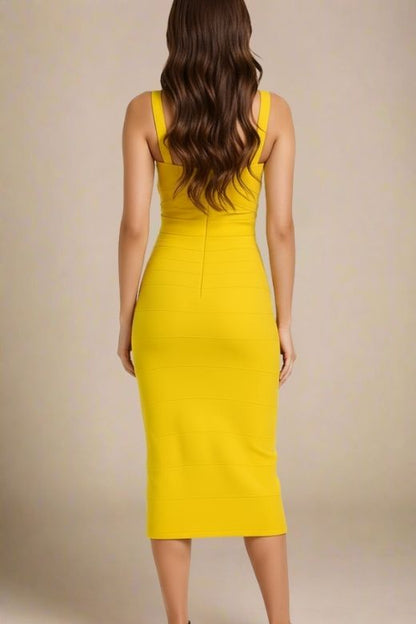 Sun Yellow Bandage Sweetheart Neck Criss Cross Bodycon Midi Dress