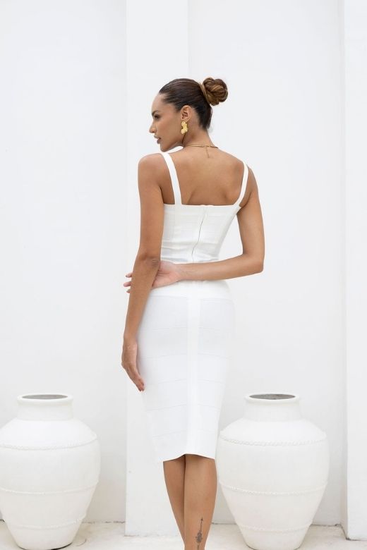 Pearl White Sweetheart Wide Strap Criss Cross Bandage Bodycon Midi Dress