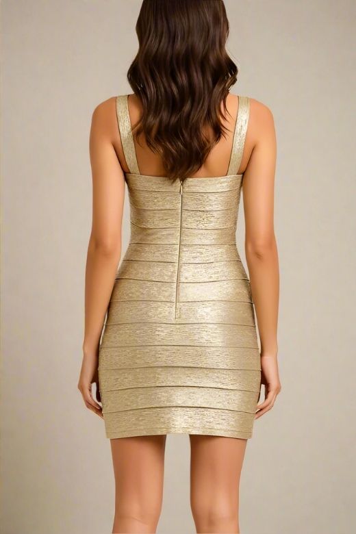 Gold Sweetheart Criss Cross Waist Bandage Bodycon Mini Dress