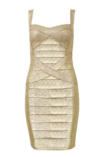 Gold Sweetheart Criss Cross Waist Bandage Bodycon Mini Dress
