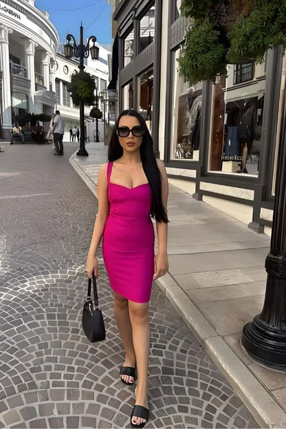 Magenta Pink Sweetheart Criss Cross Waist Bandage Bodycon Mini Dress