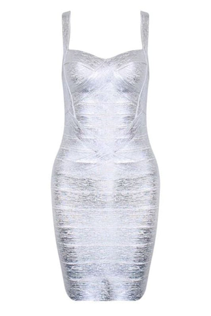 Silver Spaghetti Strap Scoop Neck Metallic Bodycon Mini Dress