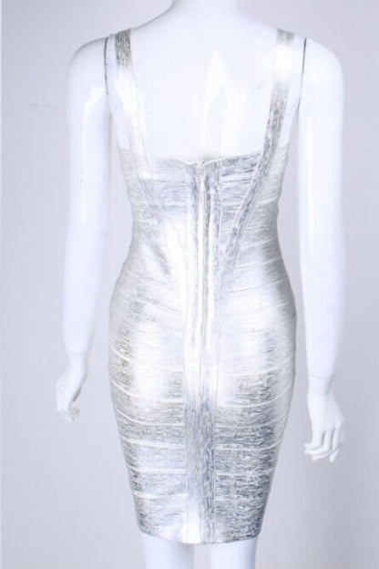 Silver Spaghetti Strap Scoop Neck Metallic Bodycon Mini Dress