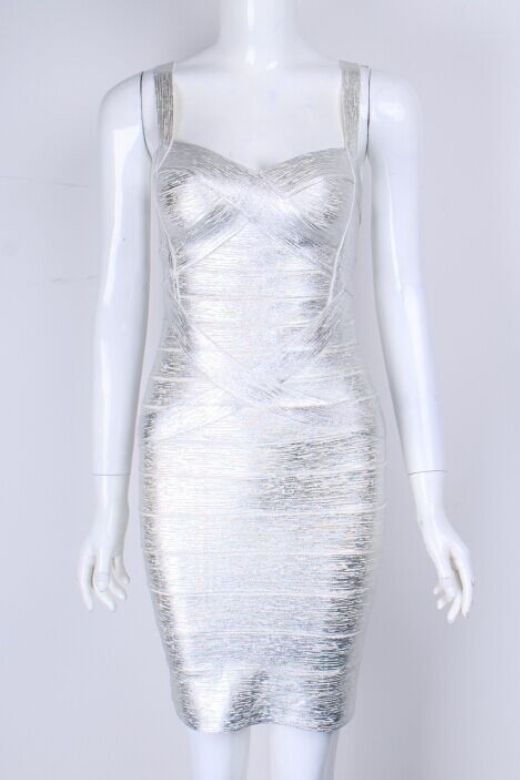 Silver Spaghetti Strap Scoop Neck Metallic Bodycon Mini Dress