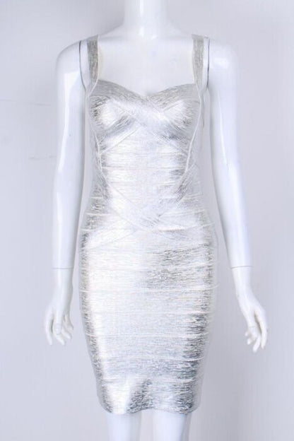 Silver Spaghetti Strap Scoop Neck Metallic Bodycon Mini Dress