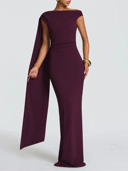 Red One Shoulder Ruched Waist Cape Drape Mermaid Maxi Gown