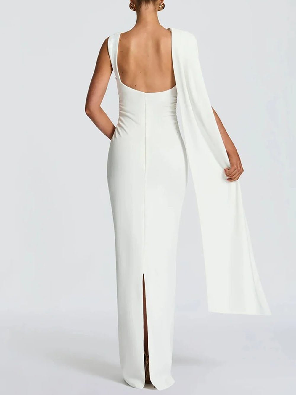 White One Shoulder Ruched Waist Cape Drape Mermaid Maxi Gown