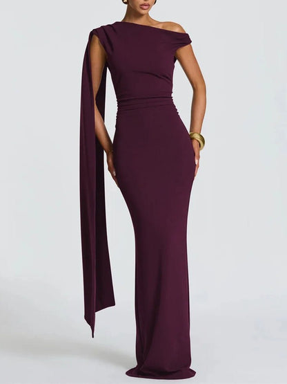 Red One Shoulder Ruched Waist Cape Drape Mermaid Maxi Gown