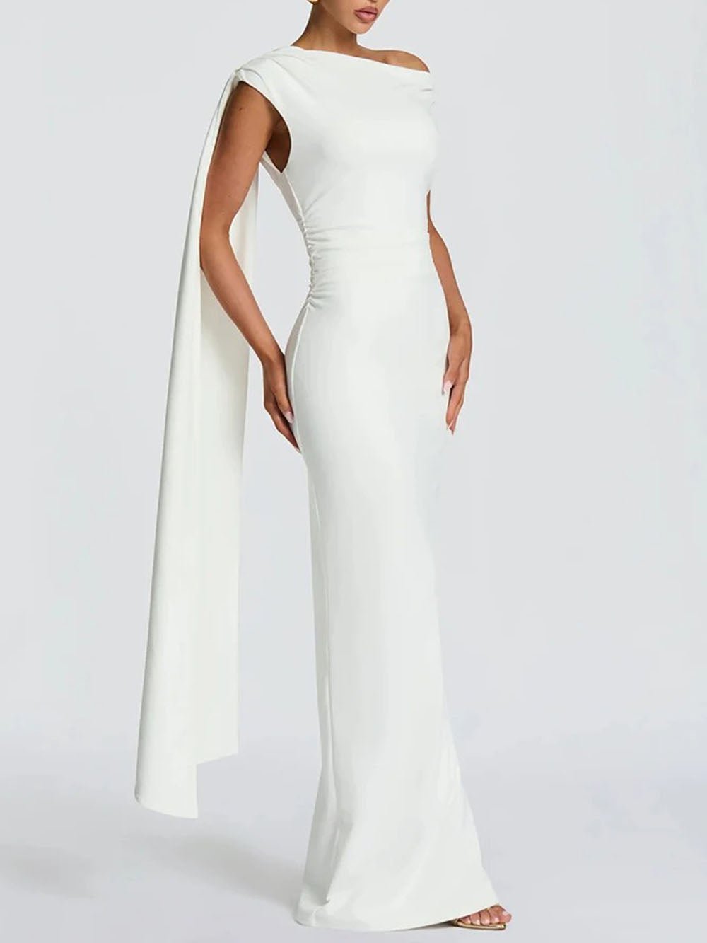 White One Shoulder Ruched Waist Cape Drape Mermaid Maxi Gown