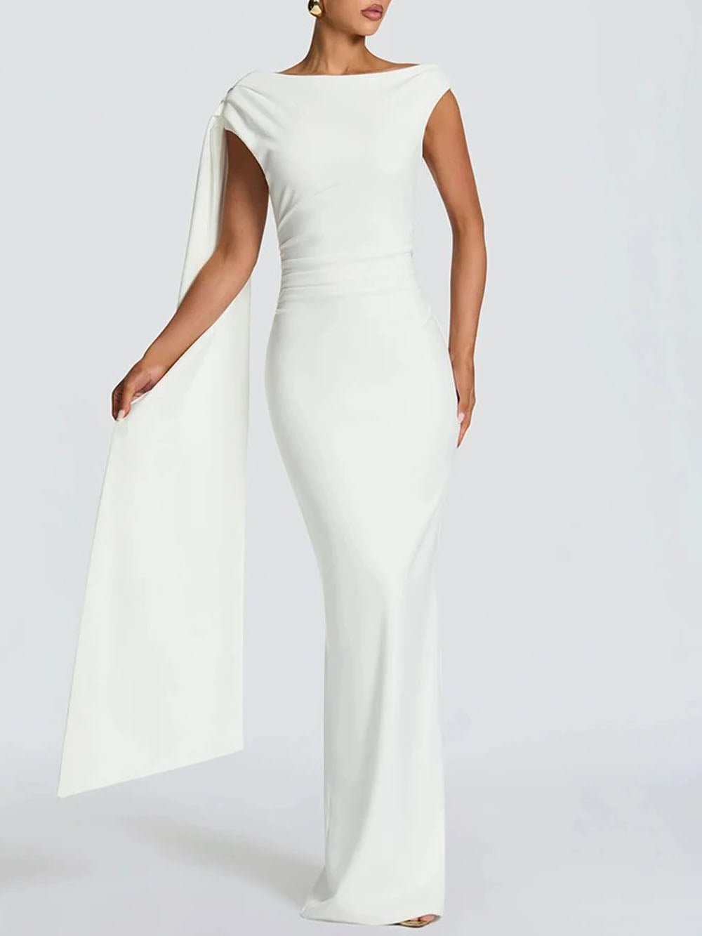 White One Shoulder Ruched Waist Cape Drape Mermaid Maxi Gown