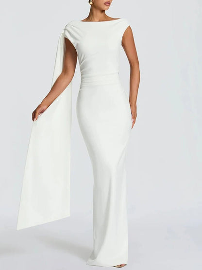 White One Shoulder Ruched Waist Cape Drape Mermaid Maxi Gown