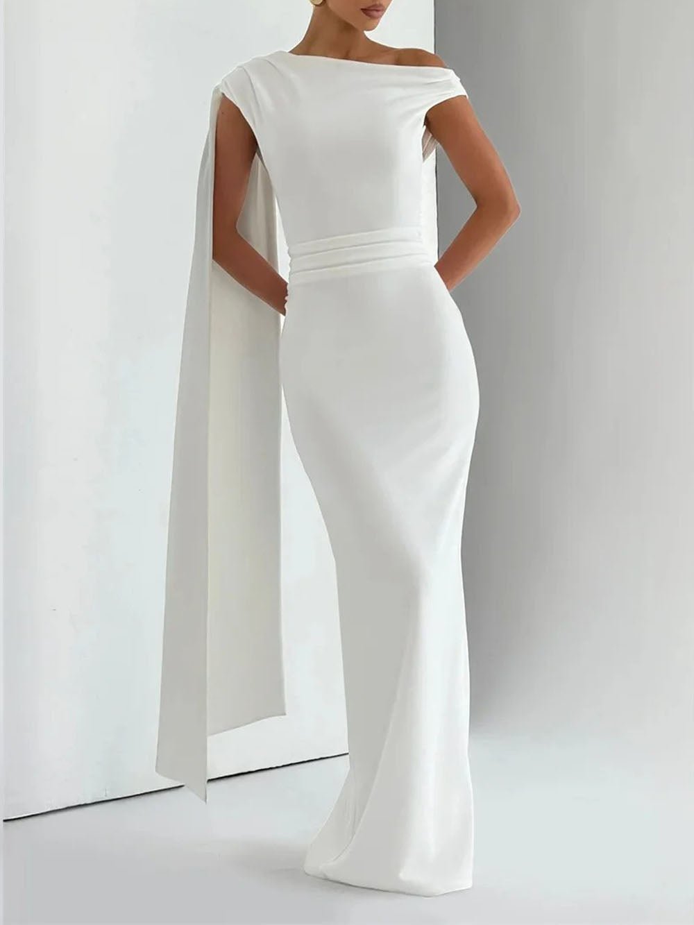 White One Shoulder Ruched Waist Cape Drape Mermaid Maxi Gown