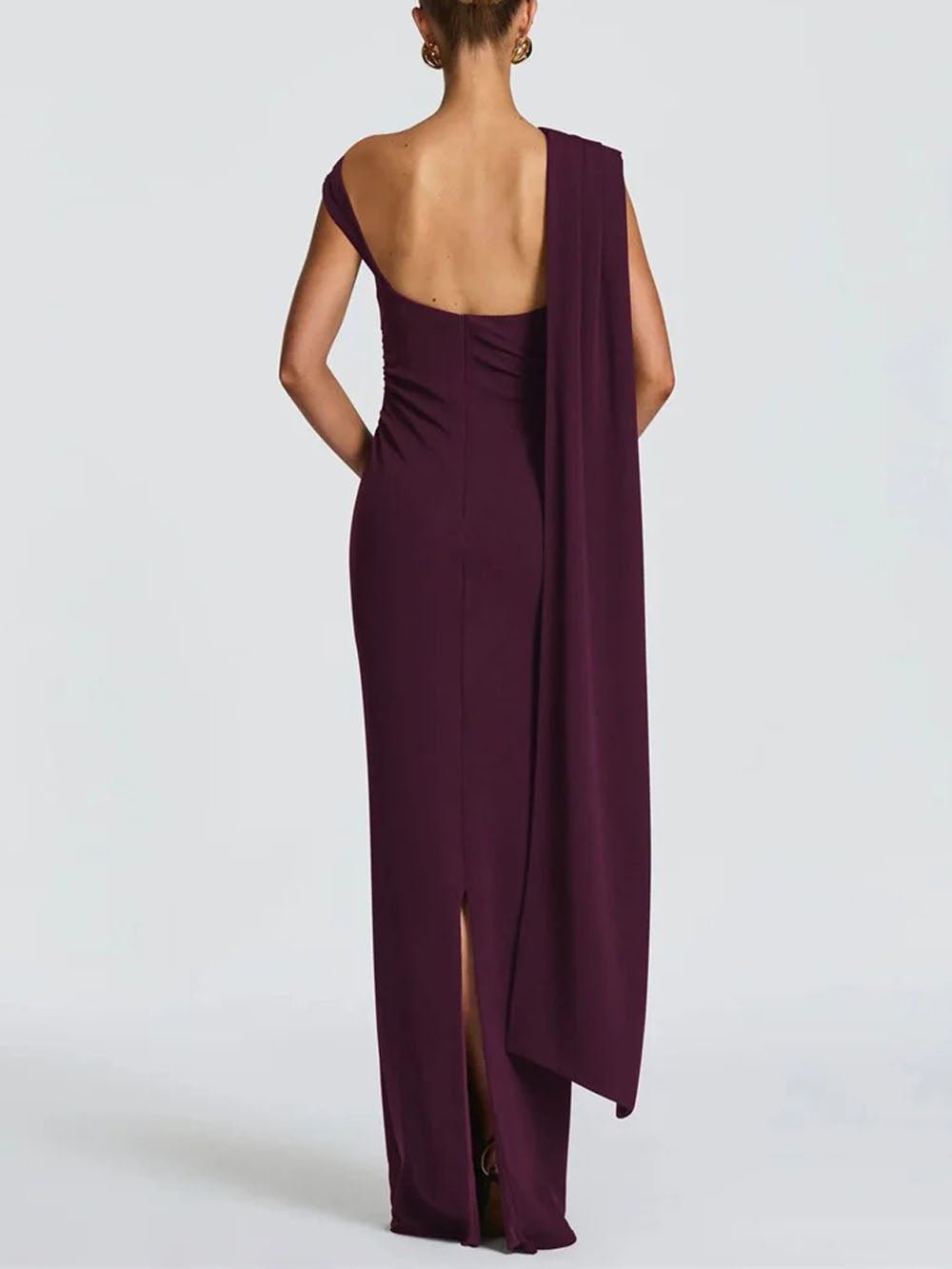 Red One Shoulder Ruched Waist Cape Drape Mermaid Maxi Gown