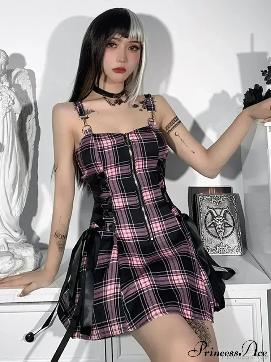 Plaid Zip Front Corset Lace Up Side Mini Dress