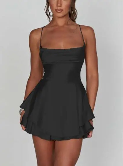Women Satin Spaghetti Strap Lace-up Sexy A-Line Dress