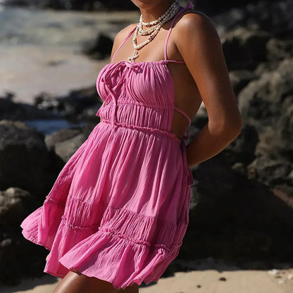 Solid Color Ruffle Spaghetti Strap Dress