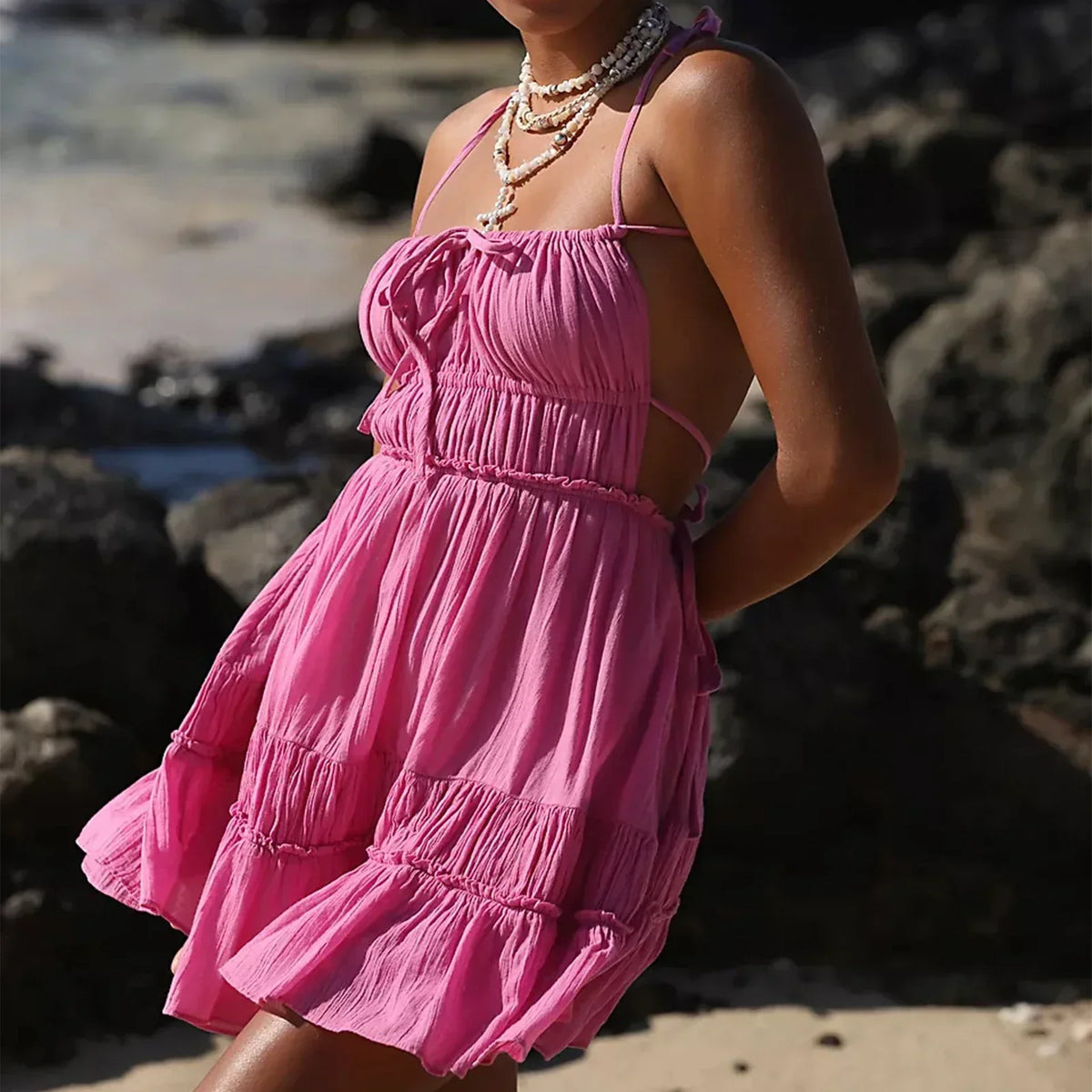 Solid Color Ruffle Spaghetti Strap Dress