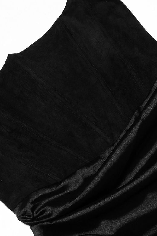 Classic Black Strapless Corset Ruched Waist Satin Bodycon Midi Dress