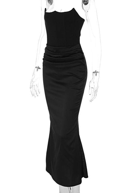 Classic Black Strapless Corset Ruched Waist Satin Bodycon Midi Dress