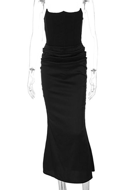 White Pearl Faux Two-Piece Strapless Corset Bustier Satin Ruched Wrap Maxi Dress