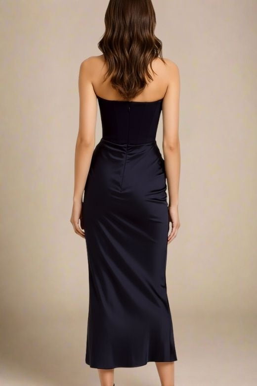 Classic Black Faux Two-Piece Strapless Corset Bustier Satin Ruched Wrap Maxi Dress