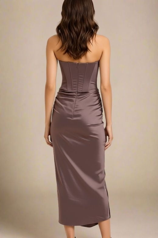 Coffee Brown Faux Two-Piece Strapless Corset Bustier Satin Ruched Wrap Maxi Dress