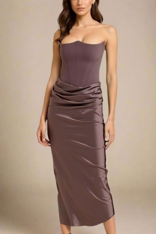 Coffee Brown Faux Two-Piece Strapless Corset Bustier Satin Ruched Wrap Maxi Dress