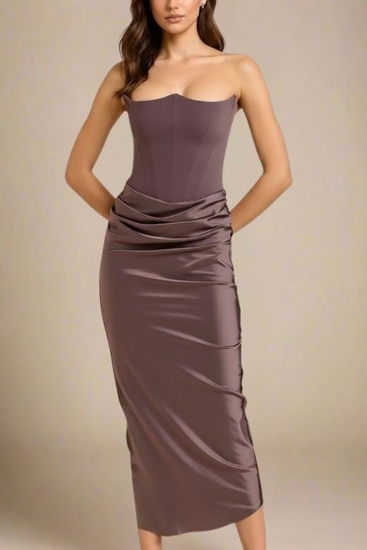 Coffee Brown Faux Two-Piece Strapless Corset Bustier Satin Ruched Wrap Maxi Dress