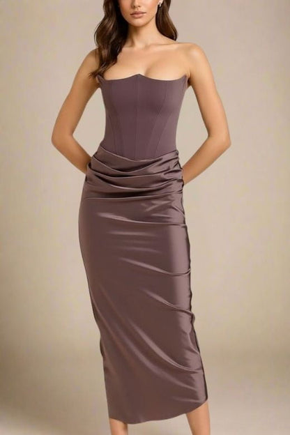 Coffee Brown Faux Two-Piece Strapless Corset Bustier Satin Ruched Wrap Maxi Dress