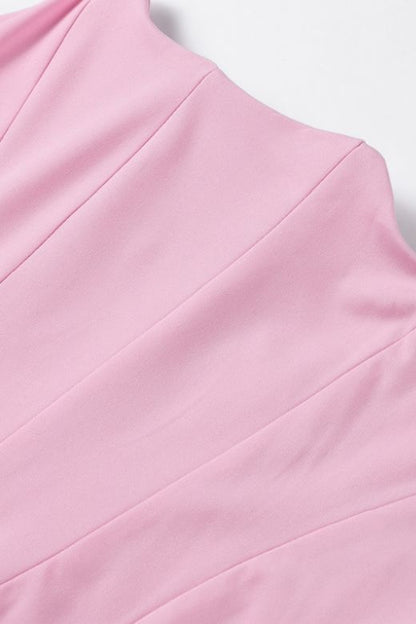 Dusty Pink Strapless Corset Ruched Waist Satin Bodycon Midi Dress
