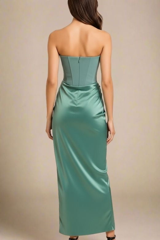 Teal Green Faux Two-Piece Strapless Corset Bustier Satin Ruched Wrap Maxi Dress