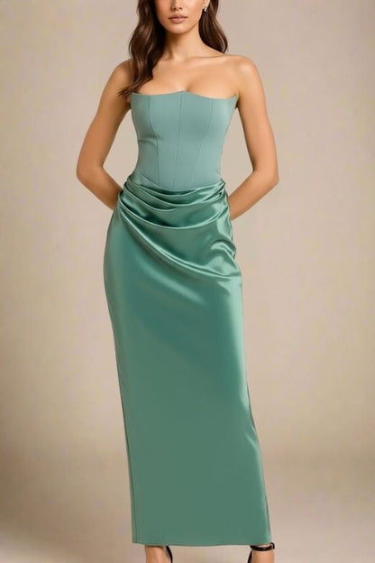 Teal Green Faux Two-Piece Strapless Corset Bustier Satin Ruched Wrap Maxi Dress