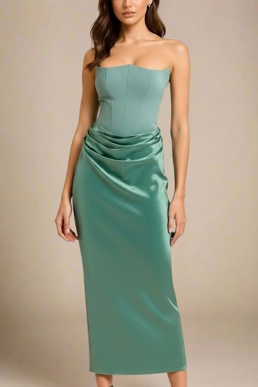 Teal Green Faux Two-Piece Strapless Corset Bustier Satin Ruched Wrap Maxi Dress