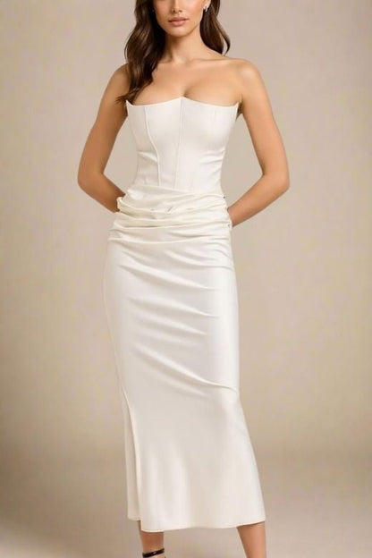 White Pearl Faux Two-Piece Strapless Corset Bustier Satin Ruched Wrap Maxi Dress