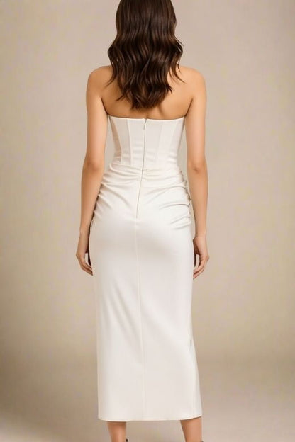 White Pearl Faux Two-Piece Strapless Corset Bustier Satin Ruched Wrap Maxi Dress