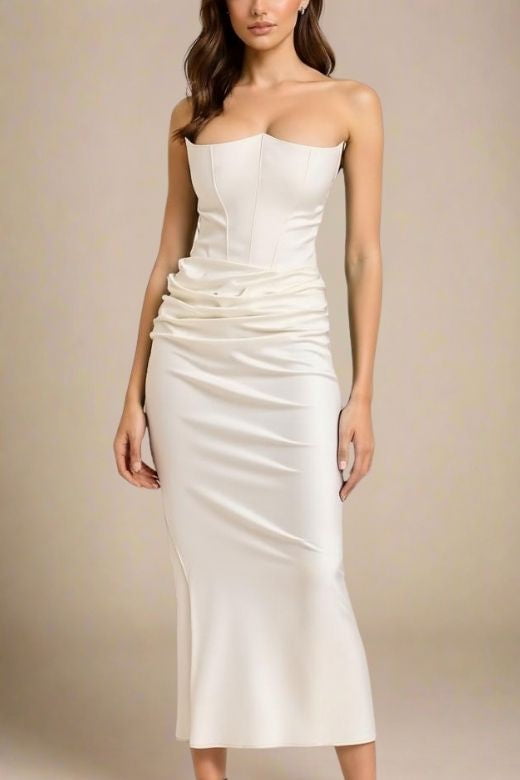 White Pearl Faux Two-Piece Strapless Corset Bustier Satin Ruched Wrap Maxi Dress