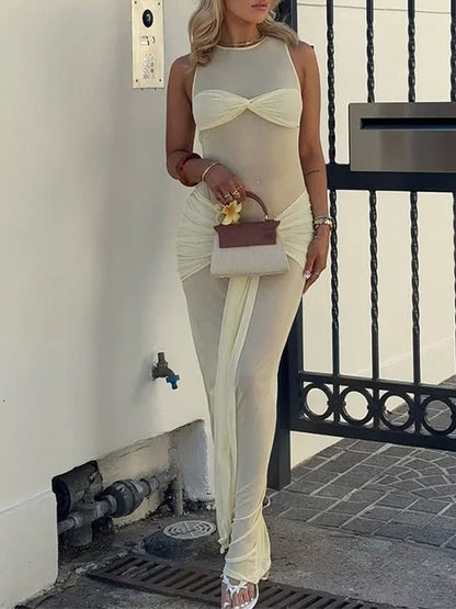 Halter Neck Twist Front Waist Knot Drape Maxi Dress