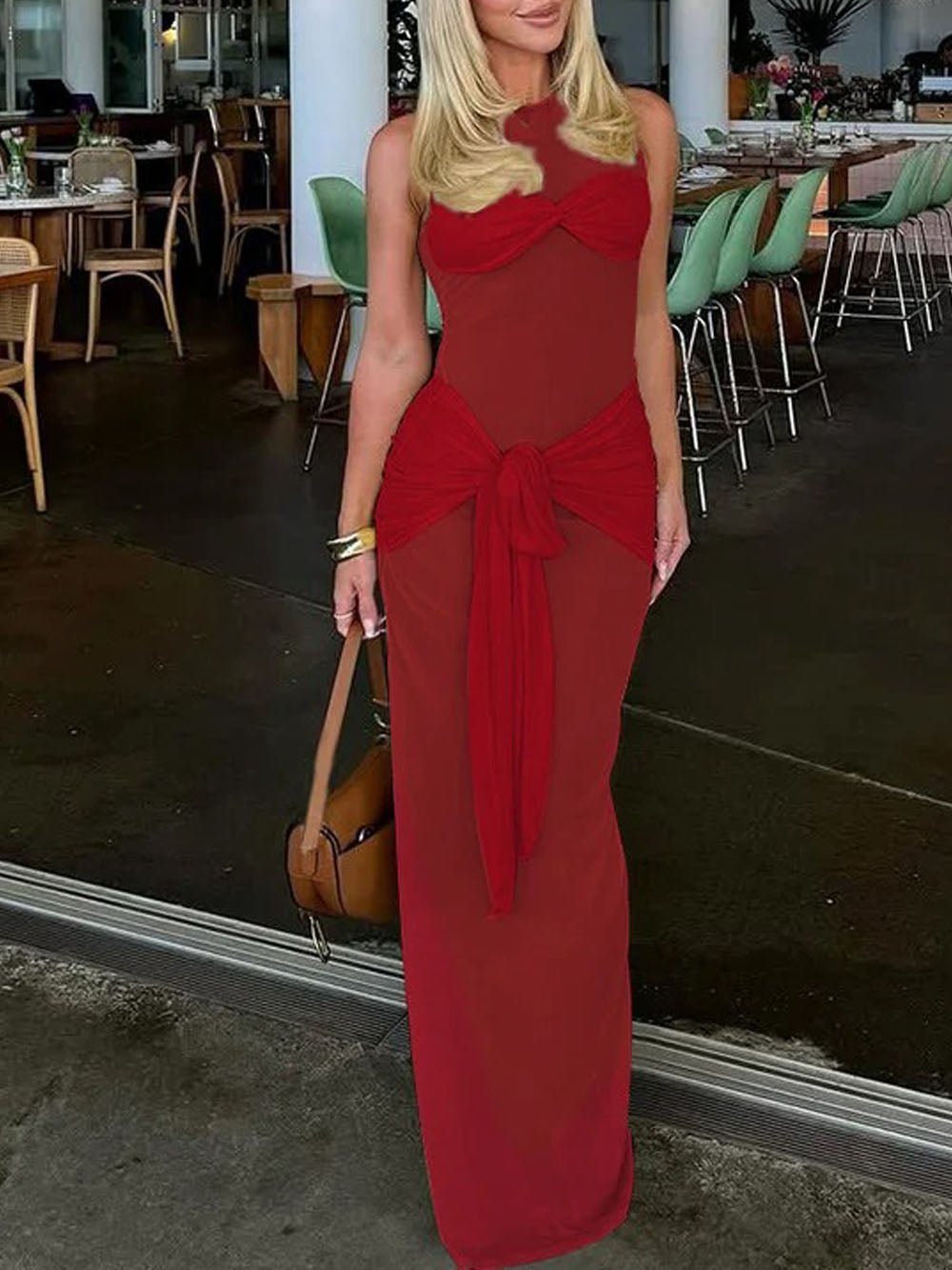 Halter Neck Twist Front Waist Knot Drape Maxi Dress