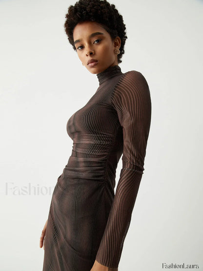 Illusion Tulle Print Mock Modern Neck Mesh Midi Dress