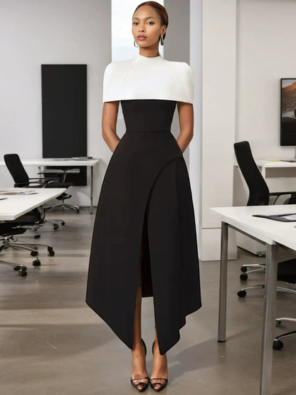Folded Collar Capelet Layered Wrap Front Pointed Hem Midi Dress