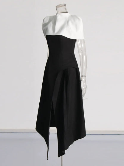 Folded Collar Capelet Layered Wrap Front Pointed Hem Midi Dress