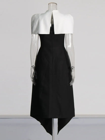 Folded Collar Capelet Layered Wrap Front Pointed Hem Midi Dress